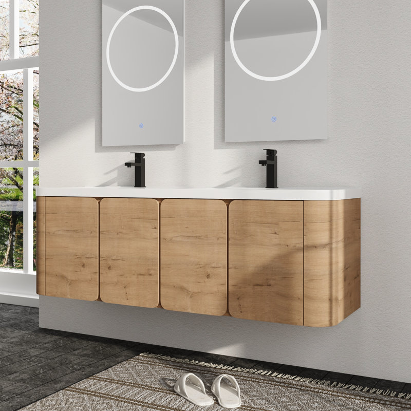 Ensemble de meuble-lavabo mural double 60 po avec plateau en résine Warnor, ensemble de meuble-lavabo double 60 po avec lavabo en résine