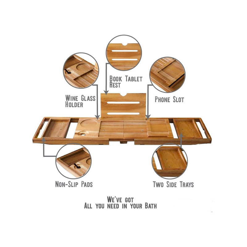 Plateau de baignoire pliable extensible jusqu'à 105 cm, bambou, Brun