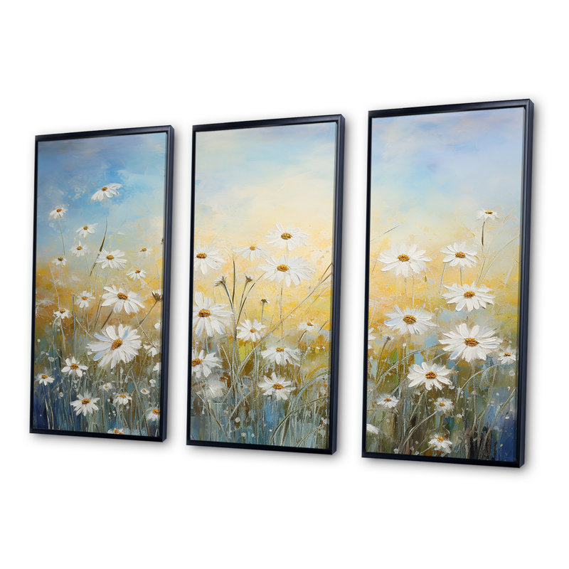 «Daisy Dreamscape Flowers Field III», ensemble d'art sur toile, Cadre flottant noir, H 32 po x l 48 po x P 1 po