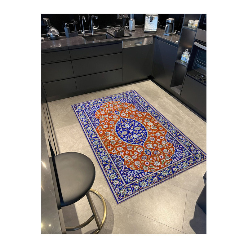 Blue Ethnic Pattern Vintage Modern Decorative Washable Rug, Runner 2'6" x 9'10" Rug Pad Included