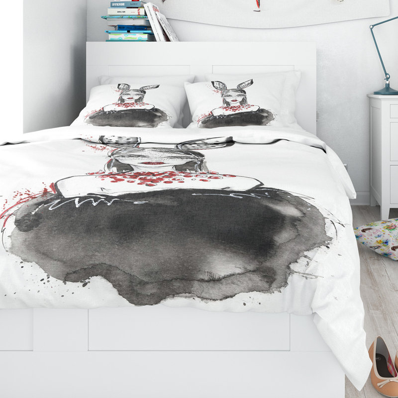 Ensemble de housse de couette Designart Girl in Bunny, Housse de couette grand + 2 taies décoratives