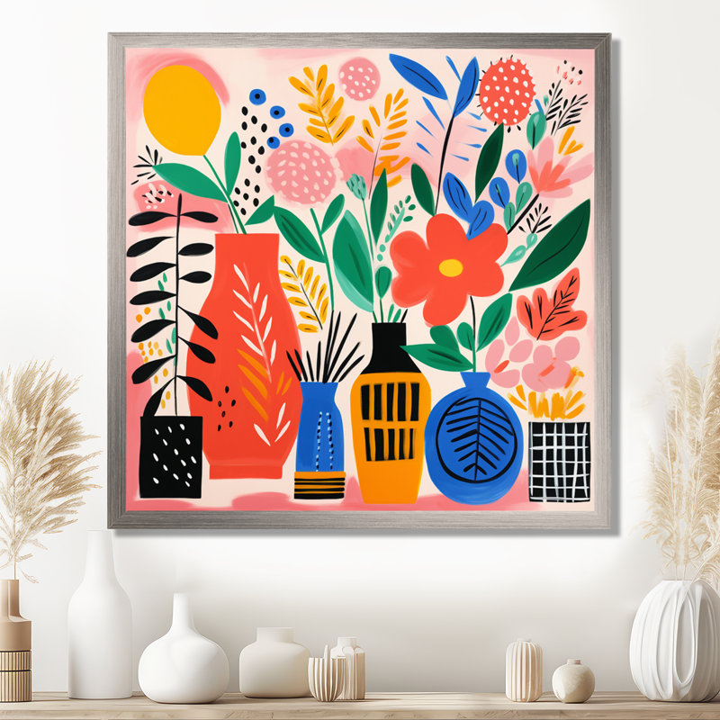 Bouquet de fleurs de style Henri Matisse II - art mural Boho Pottery, Silver Picture Framed, 16" H x 16" W