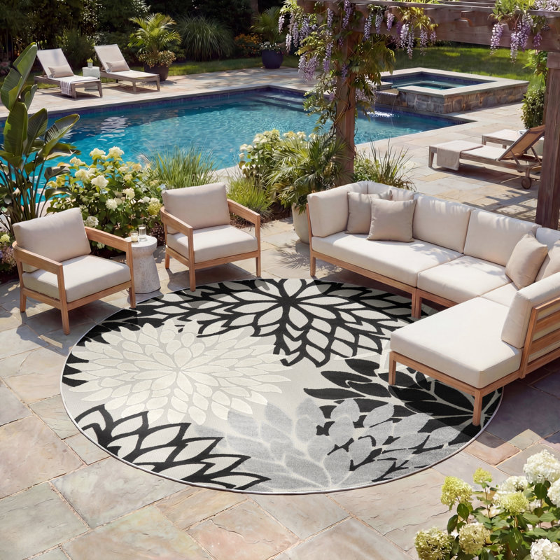 Tapis intérieur / extérieur noir / gris / blanc à motif floral Arnelle, Rond 7 pi 10 po