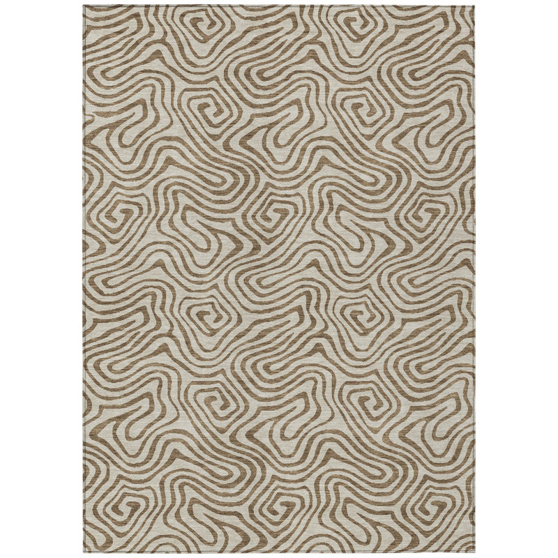 Beige and Brown Swirl Pattern Washable Synthetic Rug 5' x 7'