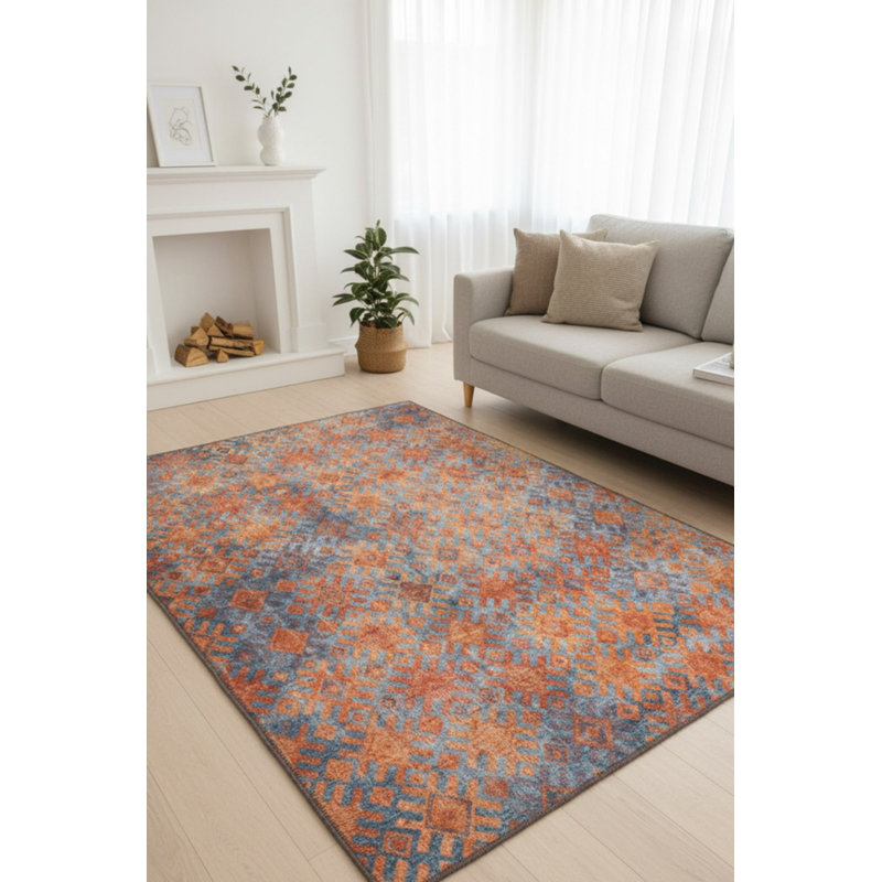 Tapis décoratif à motif géométrique orange et bleu, Rectangle 8 pi 3 po x 11 pi 6 po