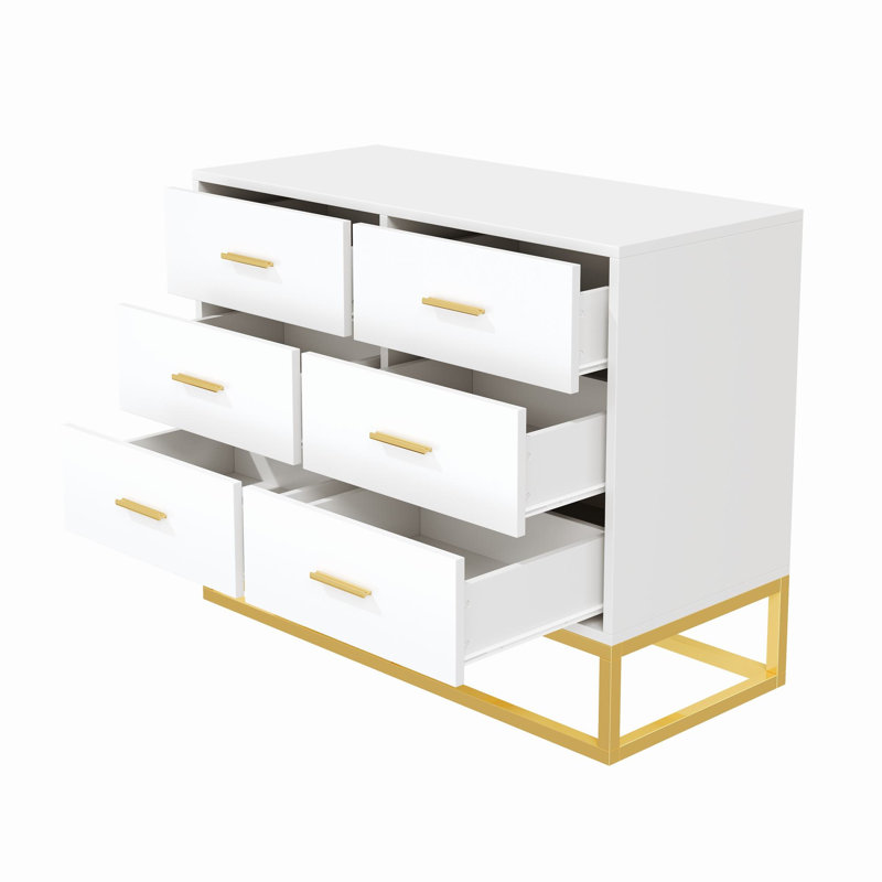 Grande commode buffet moderne à 6 tiroirs avec pieds en métal doré 39,3 po, Blanc