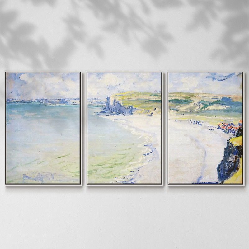 La plage à Pourville, 1882, encadrée sur toile, 3 pièces, H 40 po x l 78 po x P 2 po, Blanc