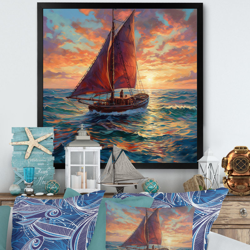 Voilier en mer II sur toile, Cadre photo noir, H 16 po x l 16 po x P 1 po