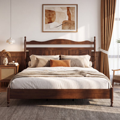 Talia Traditional Platform Bed Frame, Solid Pine & Rubberwood with Curved Vintage Headboard, Wooden Slat Support, 800 Lbs Capacity, No Box Spring Needed