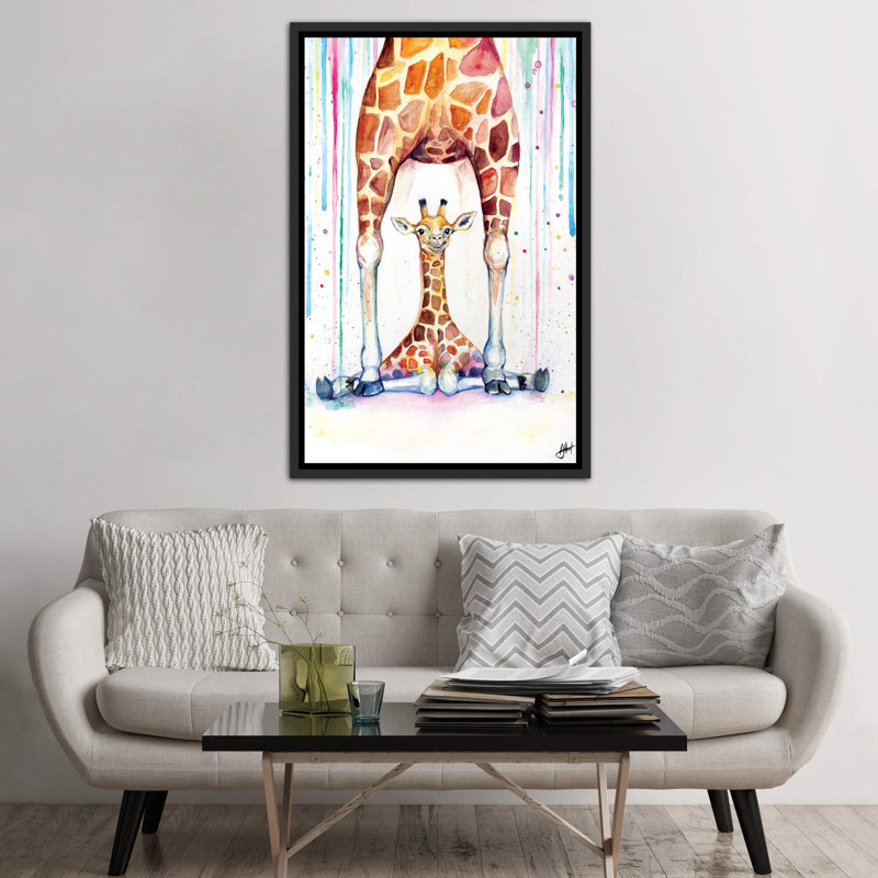 Superbe décoration murale pour enfants girafes sous la pluie, H 60 po x l 40po x P 1,5 po, Toile avec cadre noir patiné