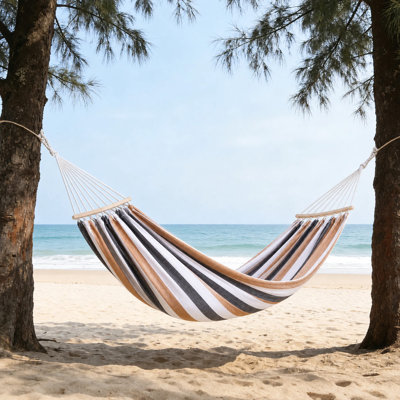 Thickened Fabric Double Hammock 86.61 x 59 Inch, Canvas Outdoor Hammock Bed with Hardwood Spreader Bars for Patio Yard Camping, Khaki Stripe