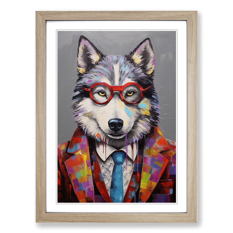 Husky Modern - Single Picture Frame Print on Wood, Oak, 34cm H x 25cm W x 2cm D