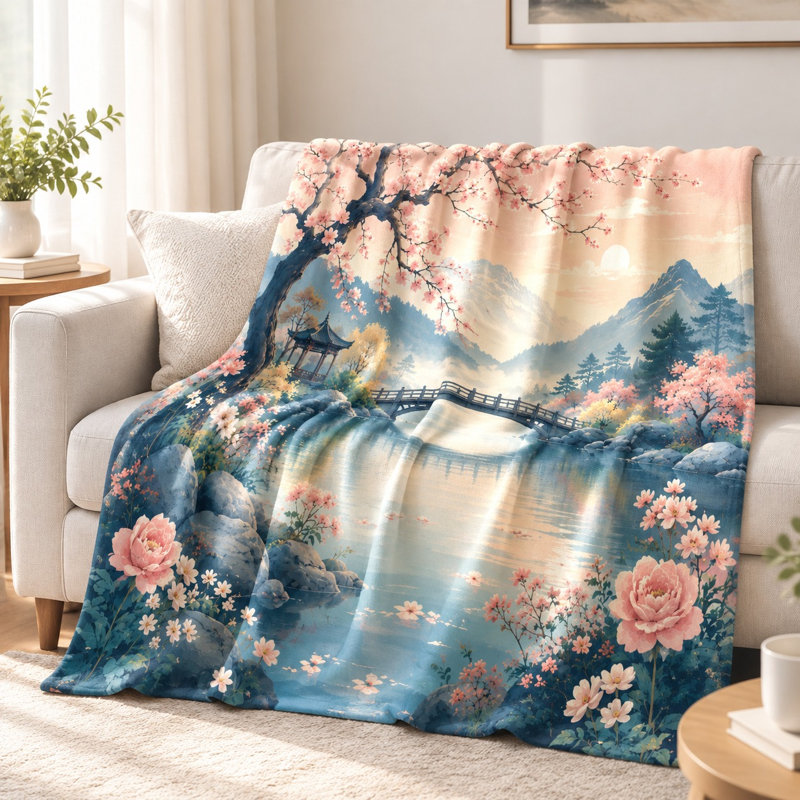Japanese Landscape Flannel Throw Blanket - Cherry Blossom, Bridge, Pagoda, Mountains, Serene Water Scene, Delicate Floral Accents, Artistic Design, Lightweight, Breathable, All-Season Comfort, Cozy Decor, for Sofa, Couch, Living Room and Bedroom