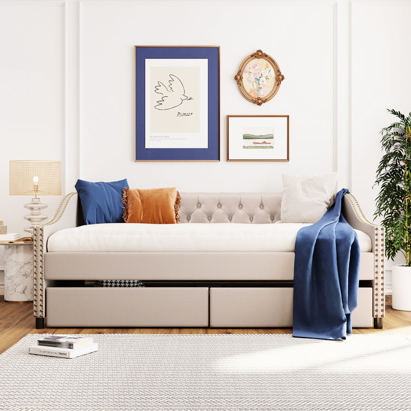 Daybed With Two Drawers In Elegant Beige & Wood Slat Construction - Add A Classy Touch To Your Home And Robust Structure Make Inviting