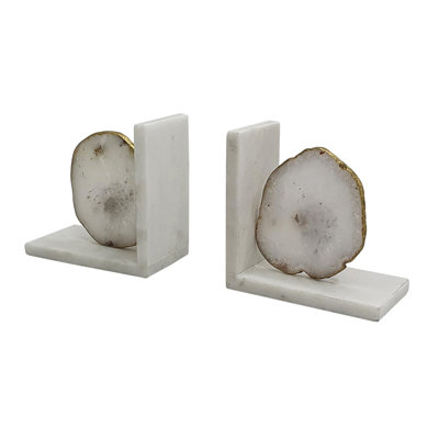 Hemi Agate Bookends Set Of 2, Glam White Natural Stone And Marble