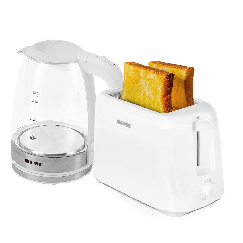 GEEPAS 2 Slice Bread Toaster & 1.7L Illuminating Electric Glass Kettle Set – 2200W Cordless Jug Kettle, Auto Shut Off & Boil Dry Sensor – 700W Toaster with 6 Level Browning Control