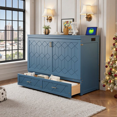 Queen-Size Space-Saving Murphy Wall Bed Cabinet with Storage Drawer & Built-in Outlets/USB Ports - Transformable Furniture