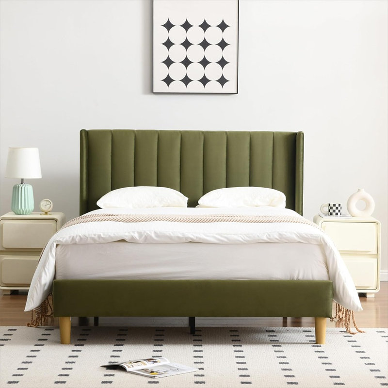Cadre de lit plateforme rembourré avec tête de lit, sommier moderne pour lit double, mobilier de chambre confortable, vert gazon