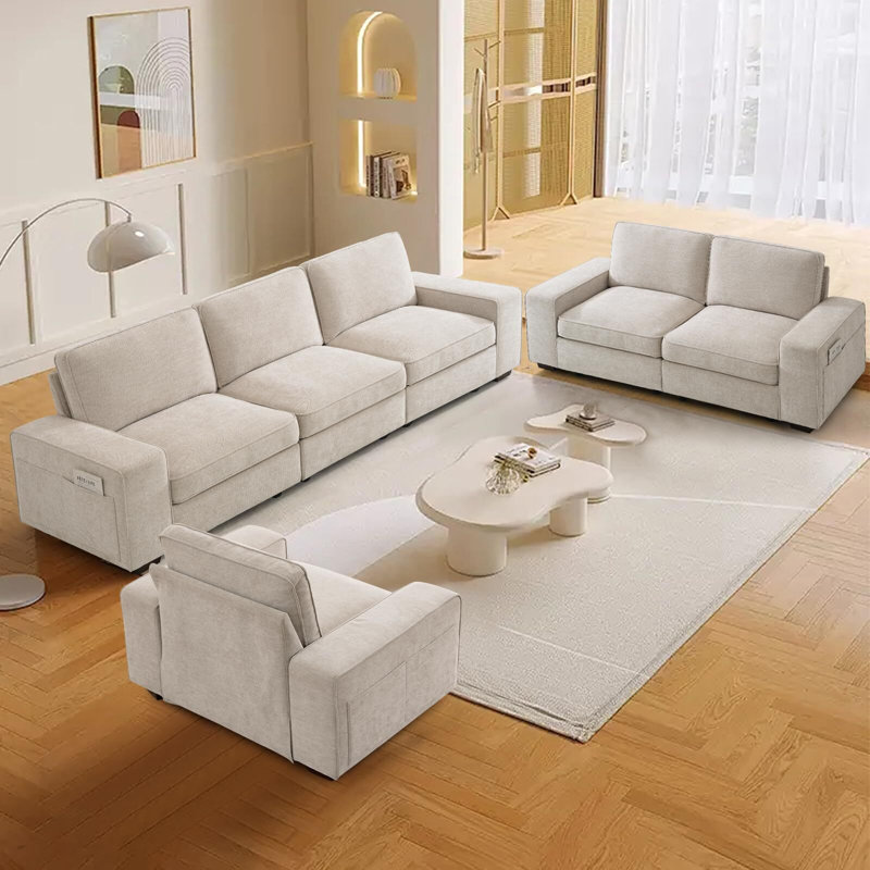 Beige Chenille Fabric 100" Modular Sofa with Storage and Pillow Back