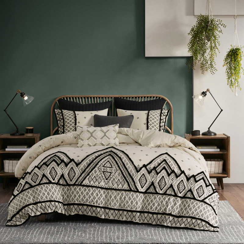 Housse de couette 85% coton, 15% lin avec garniture en chenille pour lit grand et multicolore
