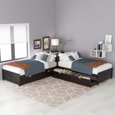 L-Shaped Platform Bed With Trundle And Drawers Linked With Built-In Desk