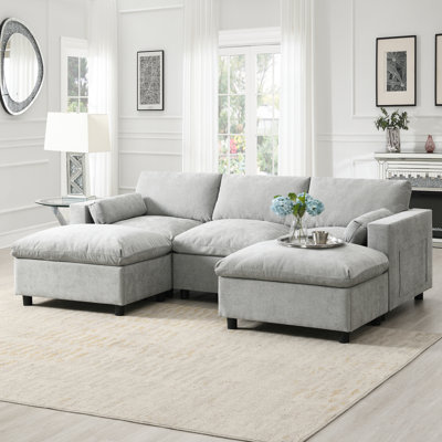 86.5'' Chenille Modular Sectional Sofa With Storage Pockets, 5 Seat U Shaped Couch Set With Pillows,Free Combination,Modern Cloud Sofa With 2 Movable Ottoman For Living Room,Apartment,3 Colors
