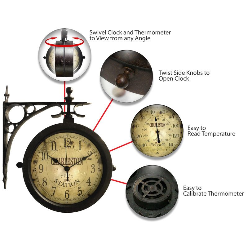 Outdoor Round Metal Wall Clock 12 Inches - Weathered Brown