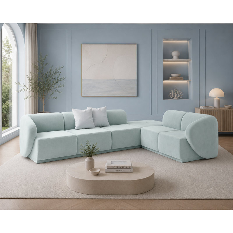 6 Seater Velvet Sofa & Chaise, Blue Velvet