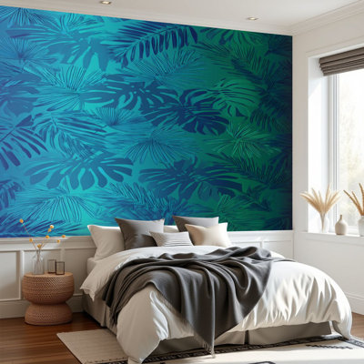 Papier peint adhésif à motif de feuilles de palmier tropicales, vert et bleu, H 69 po x l 96 po, papier peint amovible en PVC autocollant pour chambre à coucher, bureau à domicile