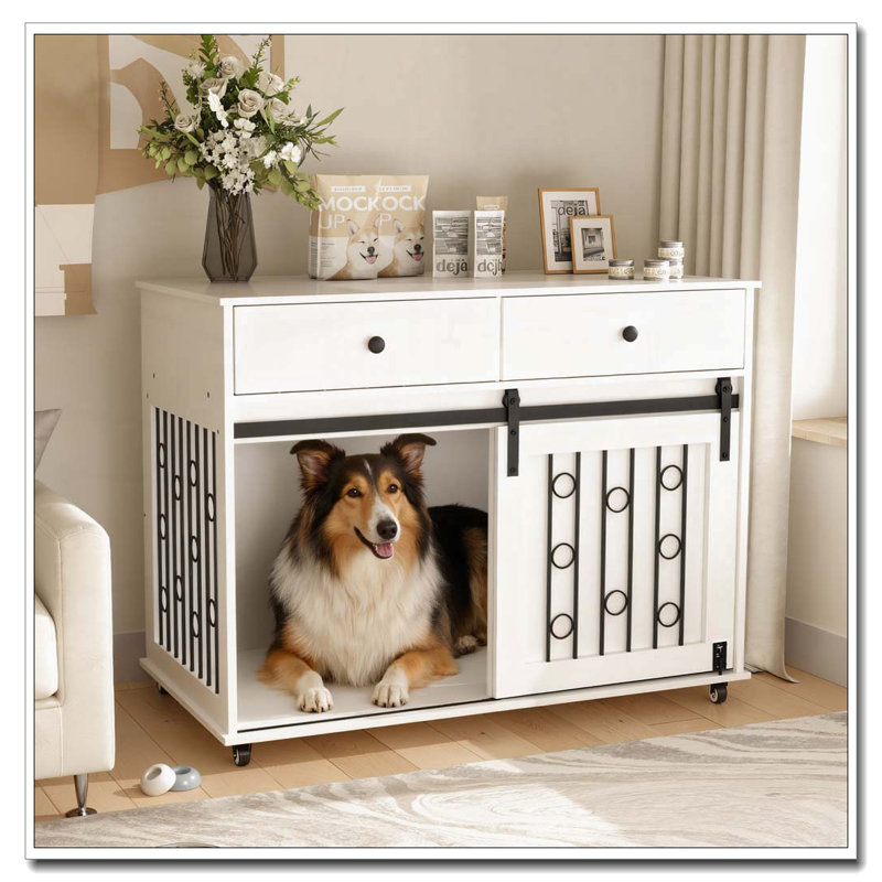 Cage pour chien moderne en bois avec tiroirs doubles et porte de grange coulissante