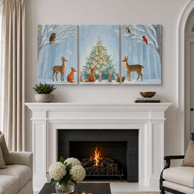 Tableau d'hiver représentant des animaux de la forêt et un sapin de Noël, décoration murale pour le salon, impression giclée sur toile encadrée en 3 parties - 3 pièces de 40,6 x 61 cm et 3 pièces de 61 x 91,4 cm