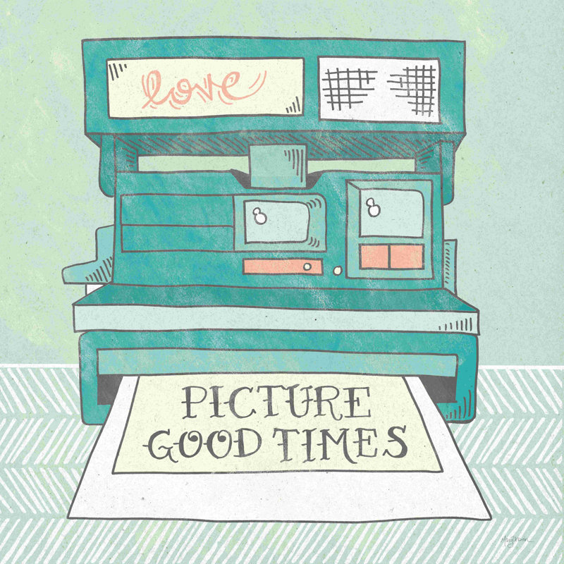 «Retro Polaroïd Gray» par Mary Urban, art textuel sur toile tendue, H 12 po x l 12 po, Oui, Papier avec cadre doré