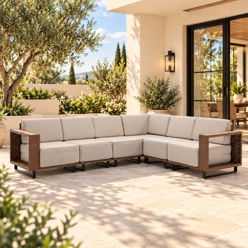6-Seat Outdoor Wicker L-Shaped Sectional Sofa with Thick Cushions and Metal Frame