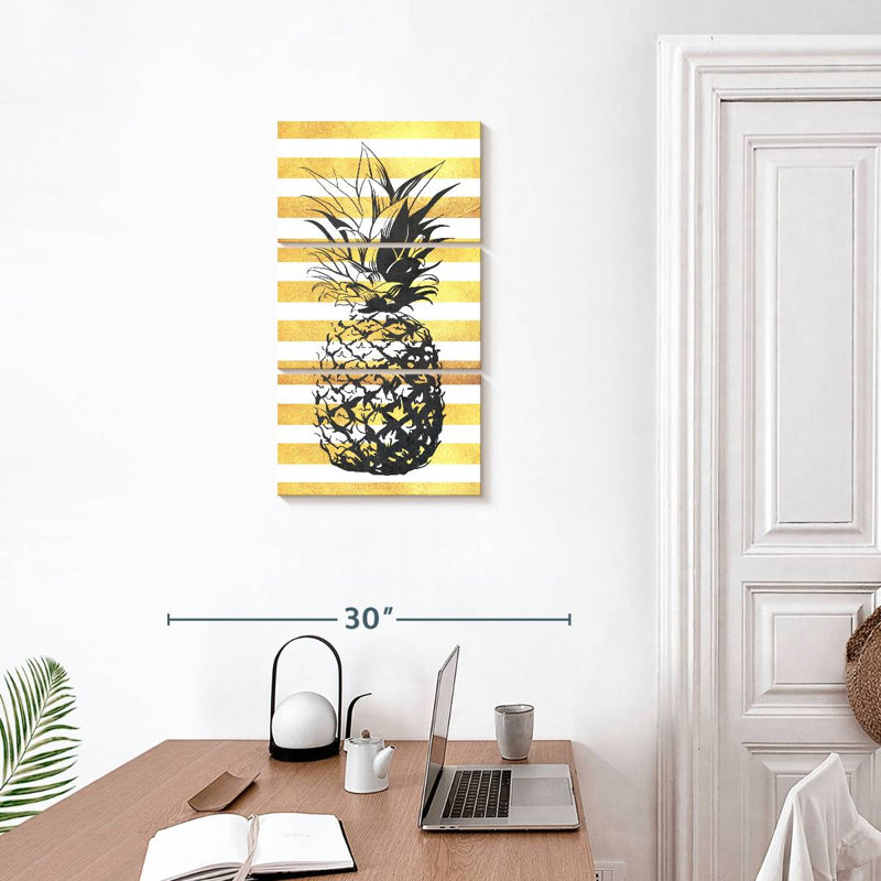 Ananas à rayures dorées 3 pièces, H 32 po x l 15 po x P 1,25 po