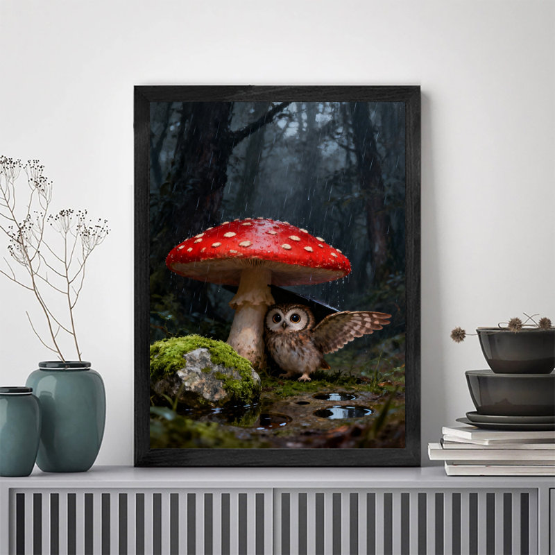 Art encadré noir Un hibou mignon se cachant sous la pluie sous des champignons rouges, impressions sur toile de style rétro