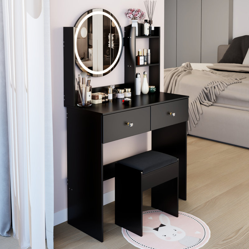 17" Round Led Mirror Dressing Table With Soft Seat, 3 - Color Adjustable Brightness System, Multi Layer High Capacity Storage For Small Office Areas, American Designed Concept, Black Makeup Unit, 6.1
