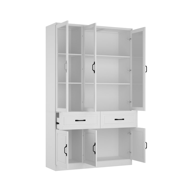 Bibliothèque blanche à 2 tiroirs avec portes en verre, (6 tablettes) H 78,7 po x l 47,2 po x P 15,7 po