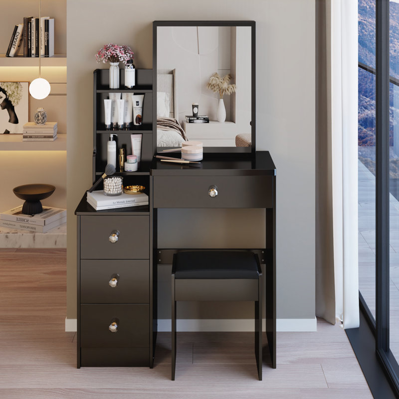 Petit meuble-lavabo 29,2 po avec tabouret de chevet et tabouret rembourré, Noir