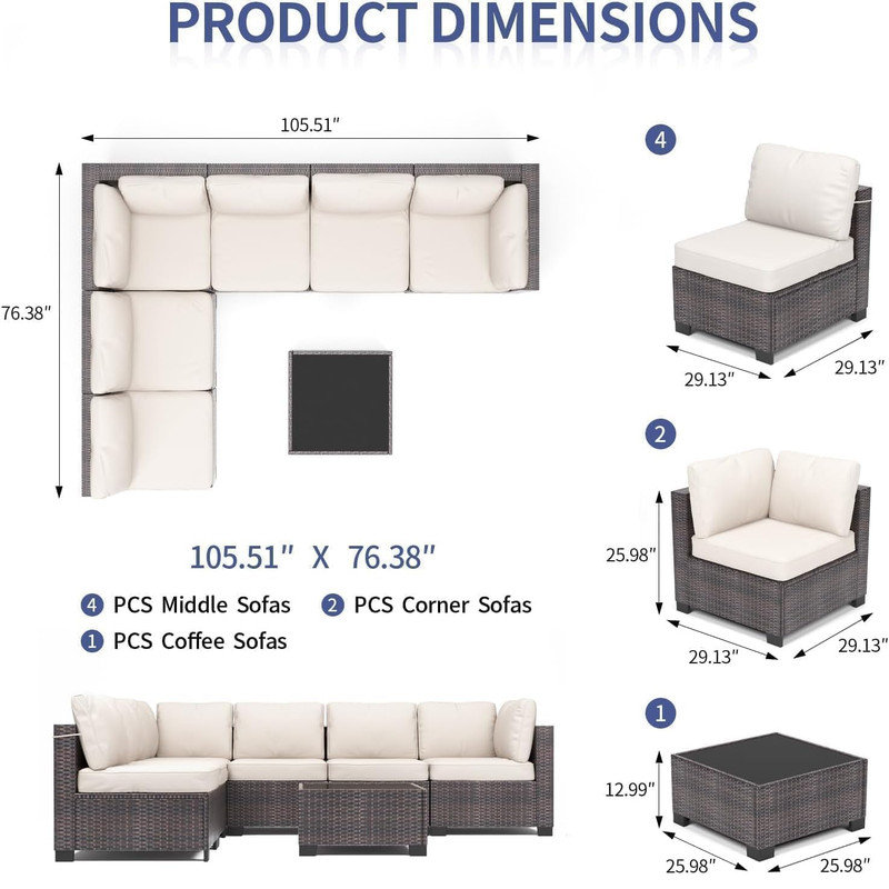 7-Piece Modular Rattan Patio Sofa Set with Coffee Table – Outdoor Sectional for Garden, Backyard, Porch, Gray, Beige