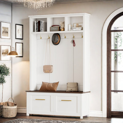 4-in-1 Hall Tree with 6 Golden Hooks, Wood Grain Bench with 2 Drawers and Storage, White