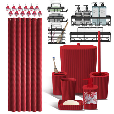 24-piece christmas bathroom accessories set with red waffle shower curtain and shower caddy