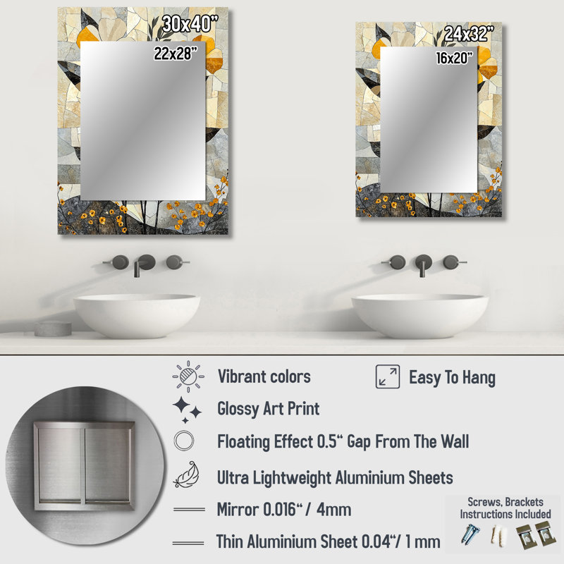 Fleur d'été en mosaïque sur un désert gris Blossom III - fleurs, miroir mural moderne, art mural, 32 po x 24 po