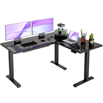 63" L-Shaped Adjustable Height Glass Standing Desk, Dual Motor Electric Corner Standing Desk With Drawers