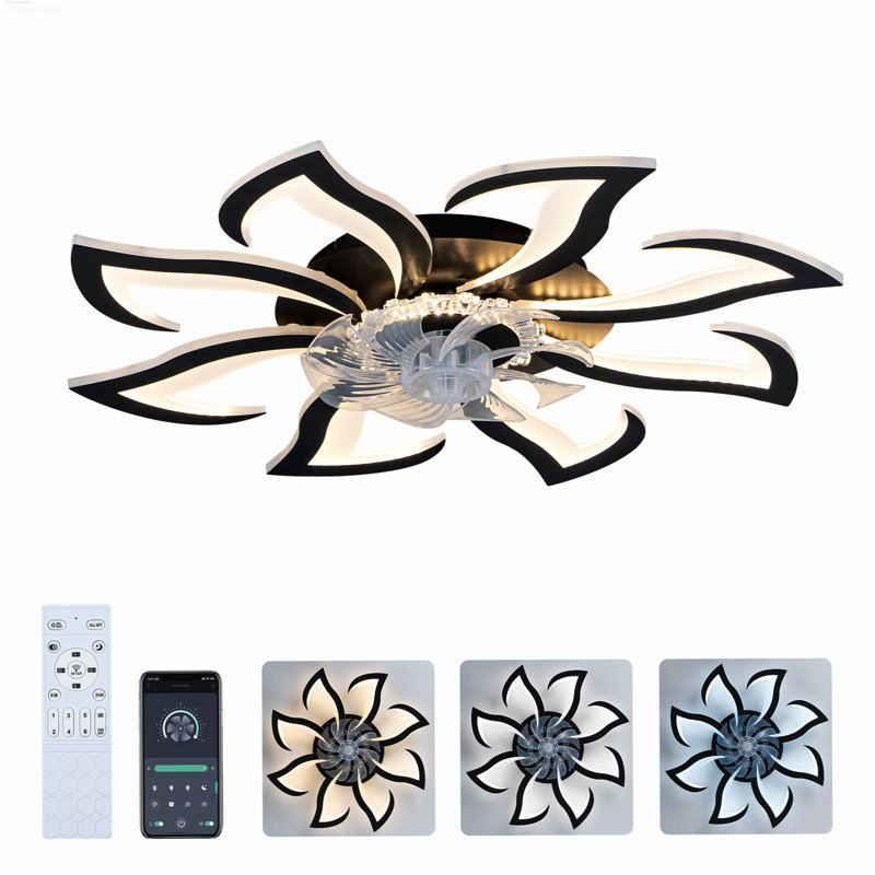 Ventilateur de plafond encastré géométrique moderne à 8 pales avec lumière et télécommande réversible à 6 vitesses, noir mat