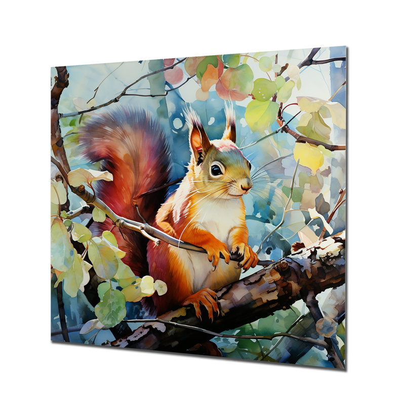 Curieux écureuil en été III - Écureuil, art mural en métal, H 16 po x l 16 po