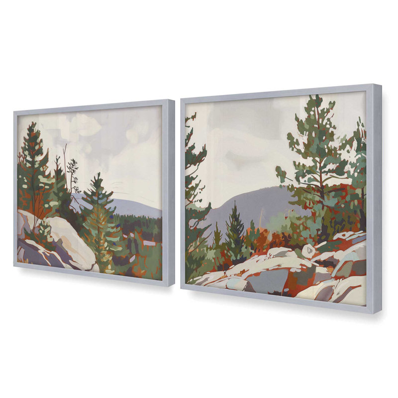 Ensemble de 2 estampes 20 "x 20" Mountain Rocks and Pines dans un cadre de citronnelle, Chrome poli, H 21,75 po x l 21,75 po