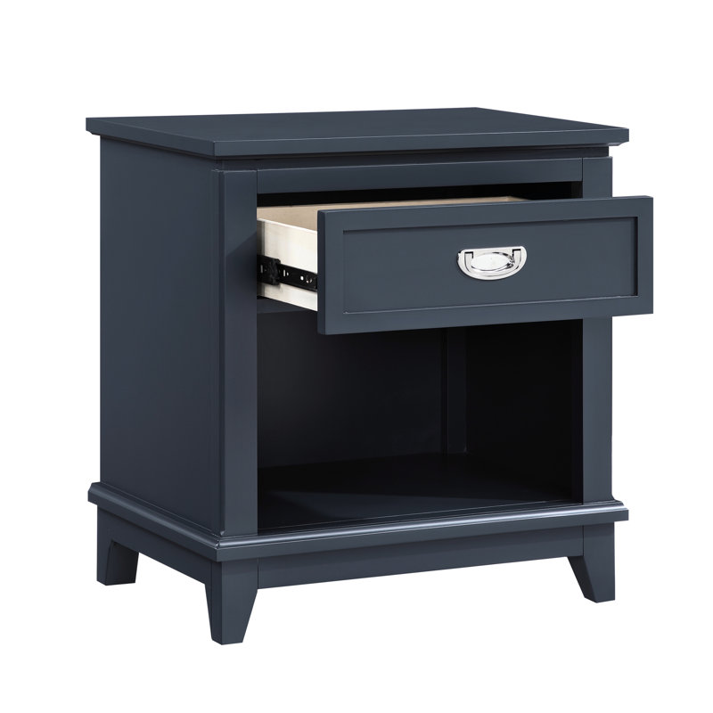Table de chevet bleu marine de style chambre à coucher classique, un tiroir, des glissières à roulement, un rangement avec tiroir et tablette, sans assemblage