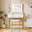 Bureau de maquillage avec miroir et lumières 3 couleurs, coiffeuse avec fauteuil, ensemble de table de maquillage avec 4 tiroirs, prise de courant et tablettes de rangement, pour la chambre à coucher