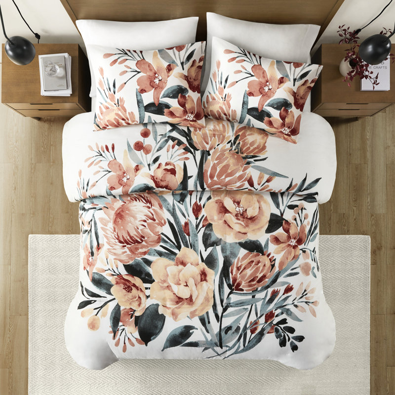 Ensemble de housse de couette 3 pièces très grand / très grand en coton floral avec une sensation douillette aux teintes variées