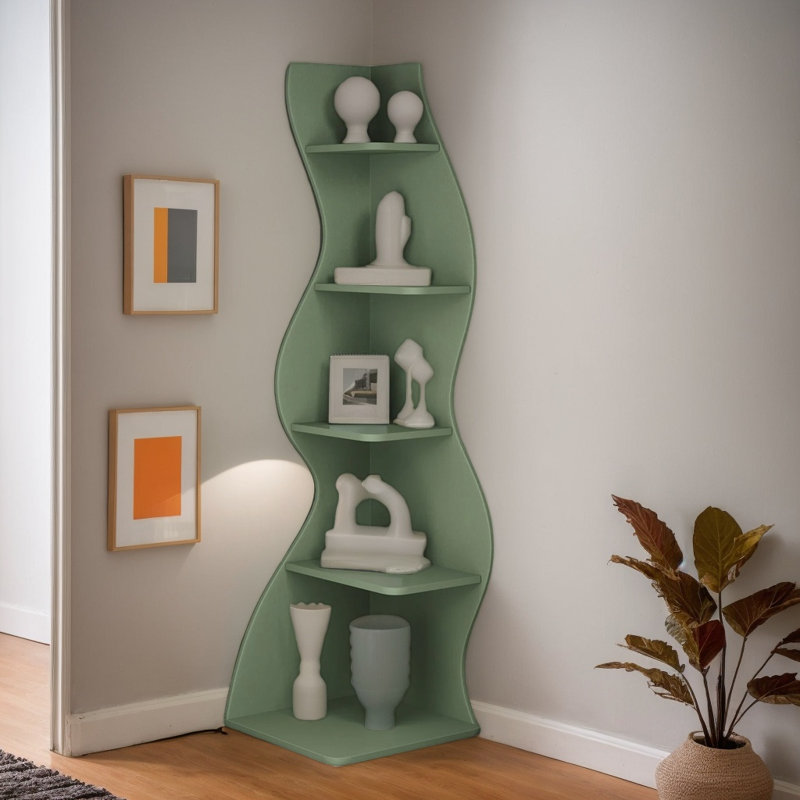 Bibliothèque de coin moderne autoportante à 5 niveaux, bibliothèque de présentation peu encombrante et étagère de rangement pour le salon et le bureau personnel